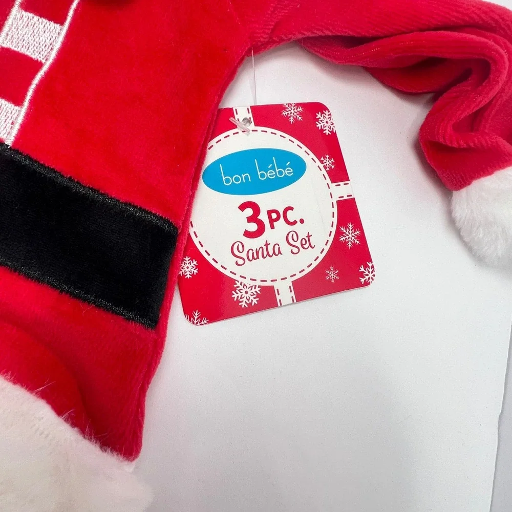 Bon Bebe Santa Set 6-9 Month Red Fleece Costume Christmas Holiday Outfit Hat NWT